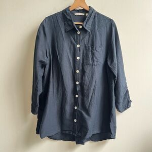 Soft Surroundings Button Up Top L Linen Blend Ruched Sleeve Zipper Back